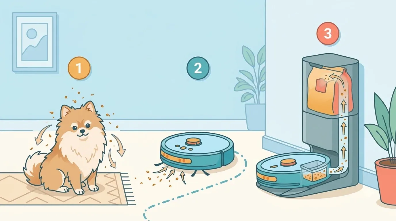 Robot vacuum di lantai kayu di samping buku catatan dan pulpen
