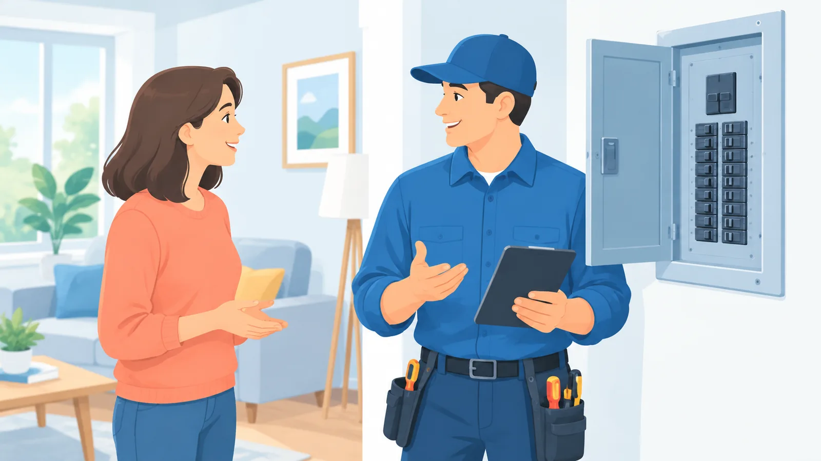 Pemilik rumah berbincang dengan teknisi listrik di dekat panel