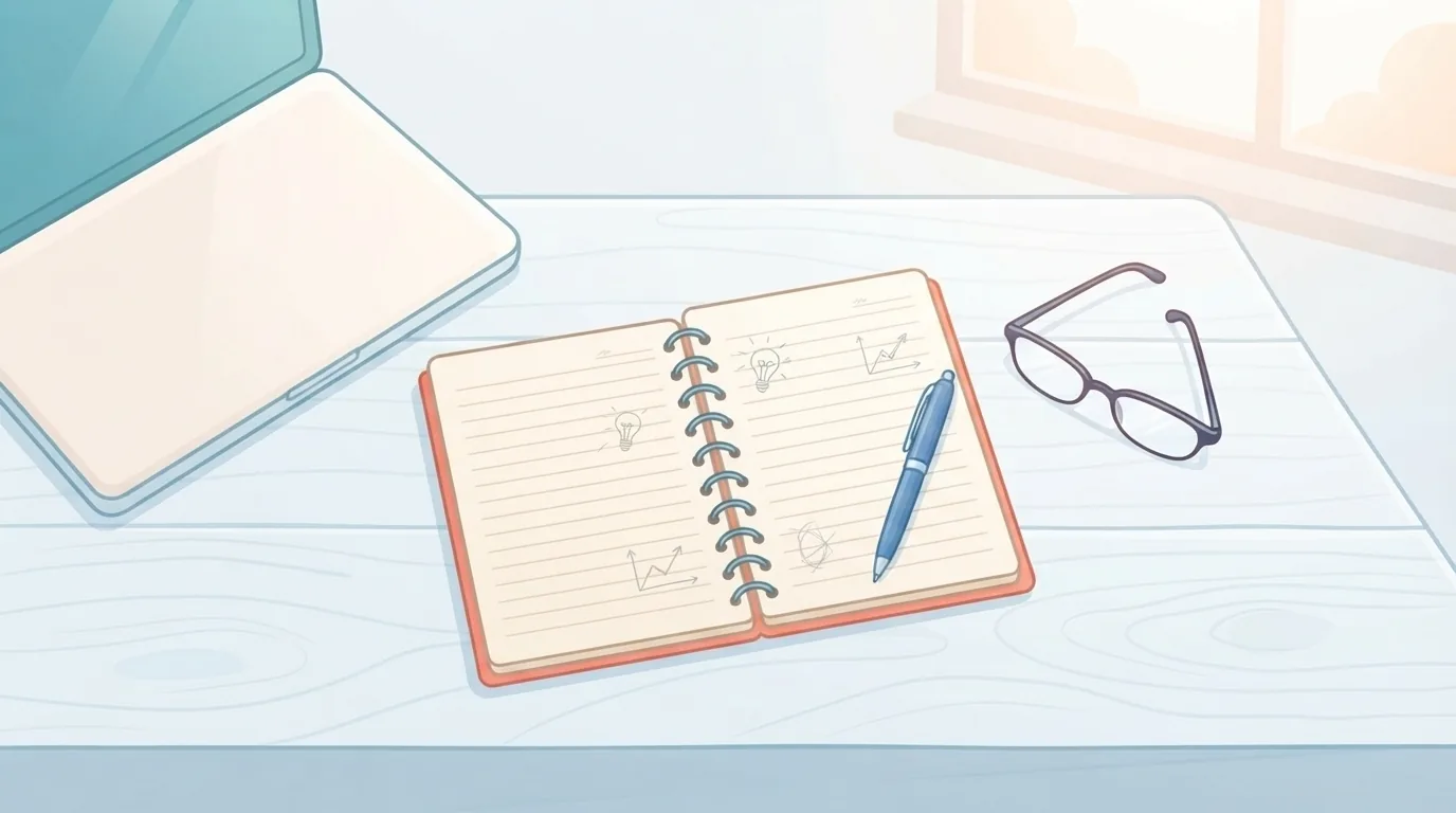 Buku catatan dan pena di meja untuk daftar referensi