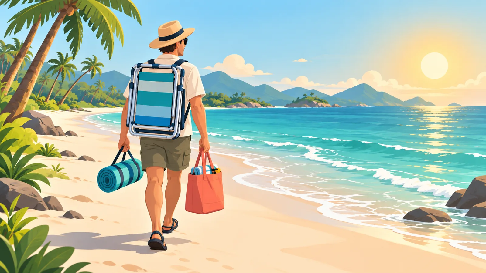 Pelancong menggendong kursi pantai model ransel di pantai