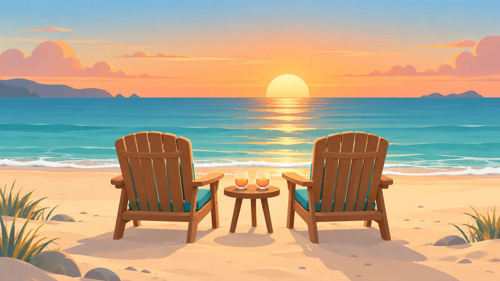 Dua kursi pantai menghadap laut saat matahari terbenam