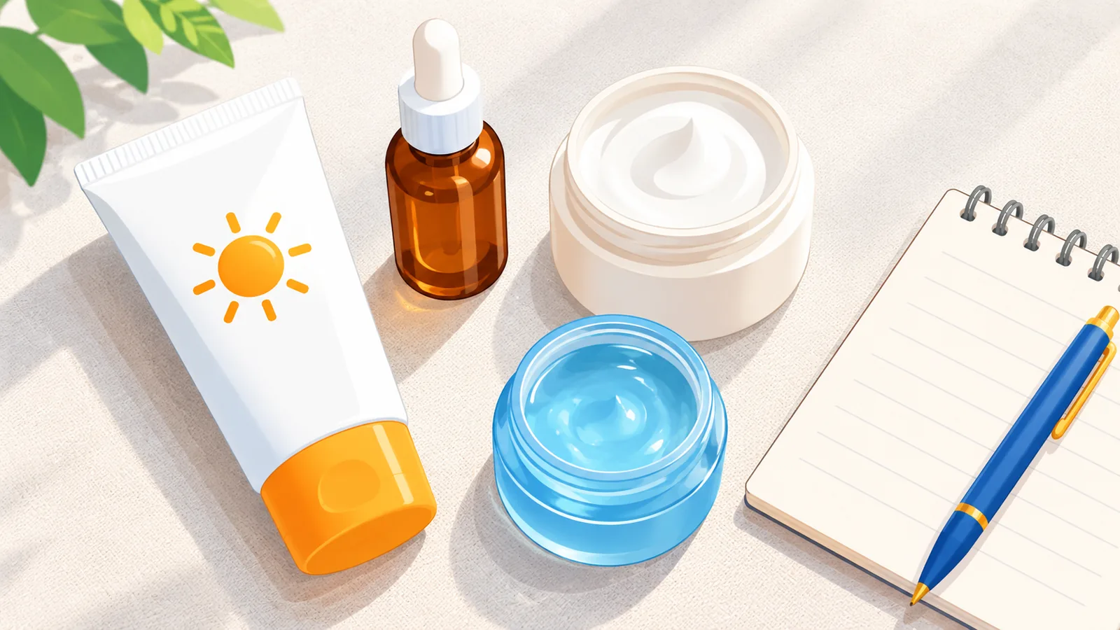 Prodotti skincare disposti su un piano chiaro con un taccuino per la selezione