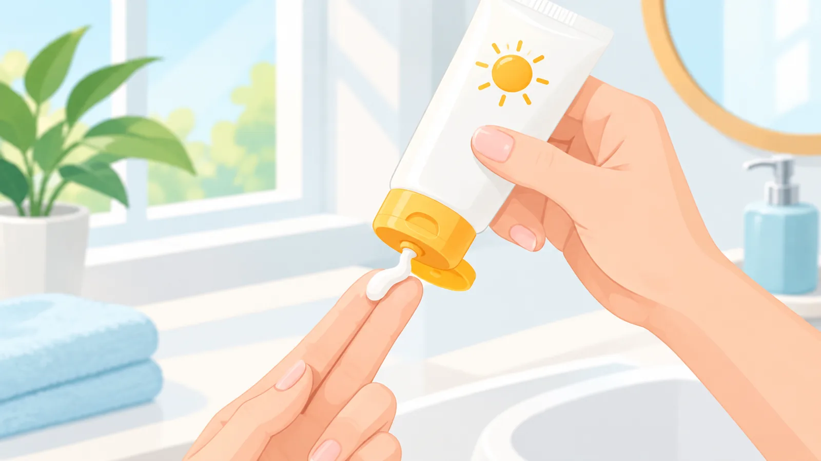 Mano che applica una crema solare sulle dita in un bagno luminoso