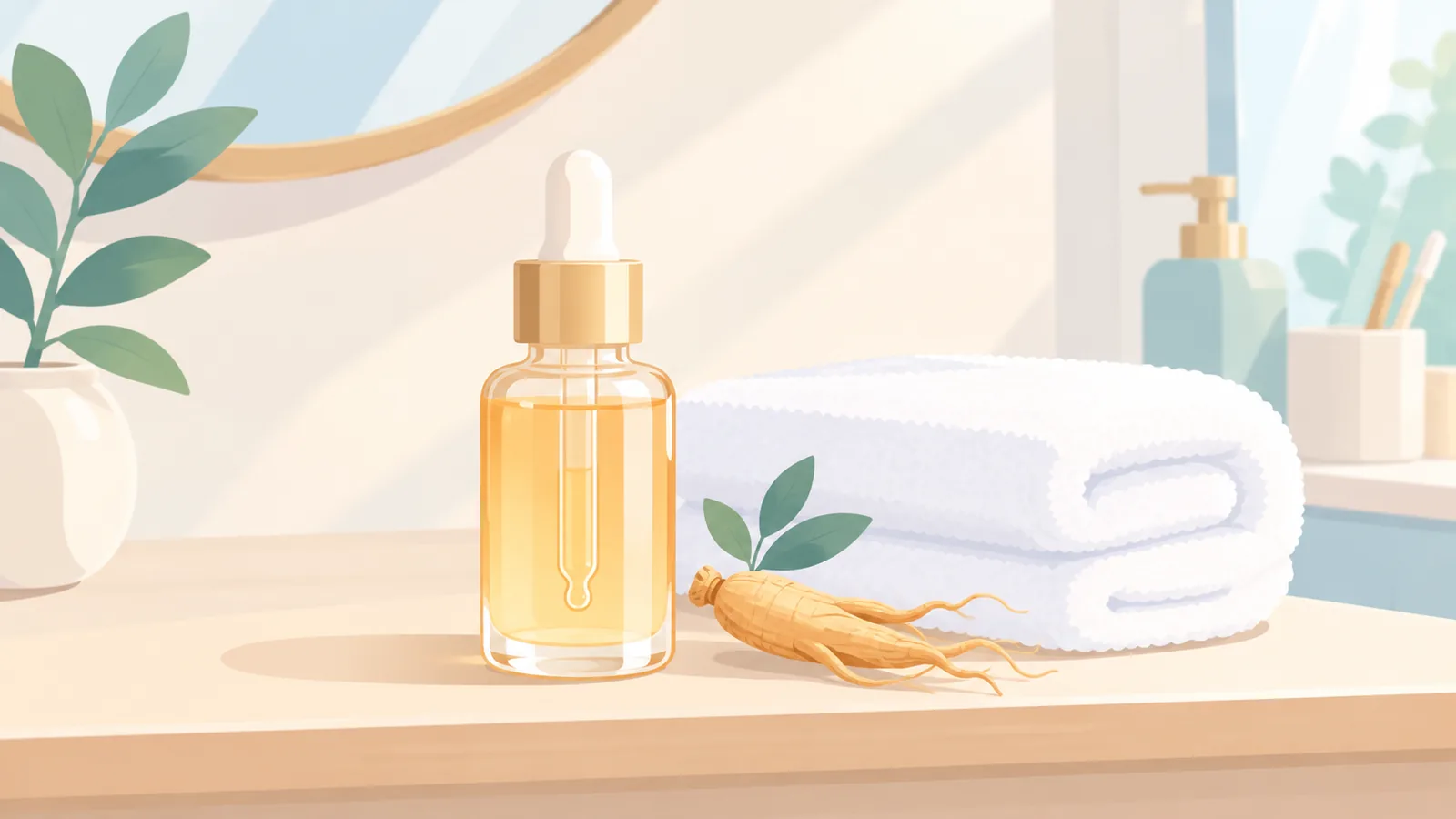 Flaconcino di siero contorno occhi accanto a un asciugamano e una radice di ginseng
