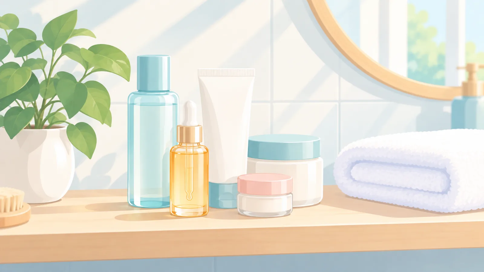 Mensola del bagno ordinata con prodotti skincare e una piantina