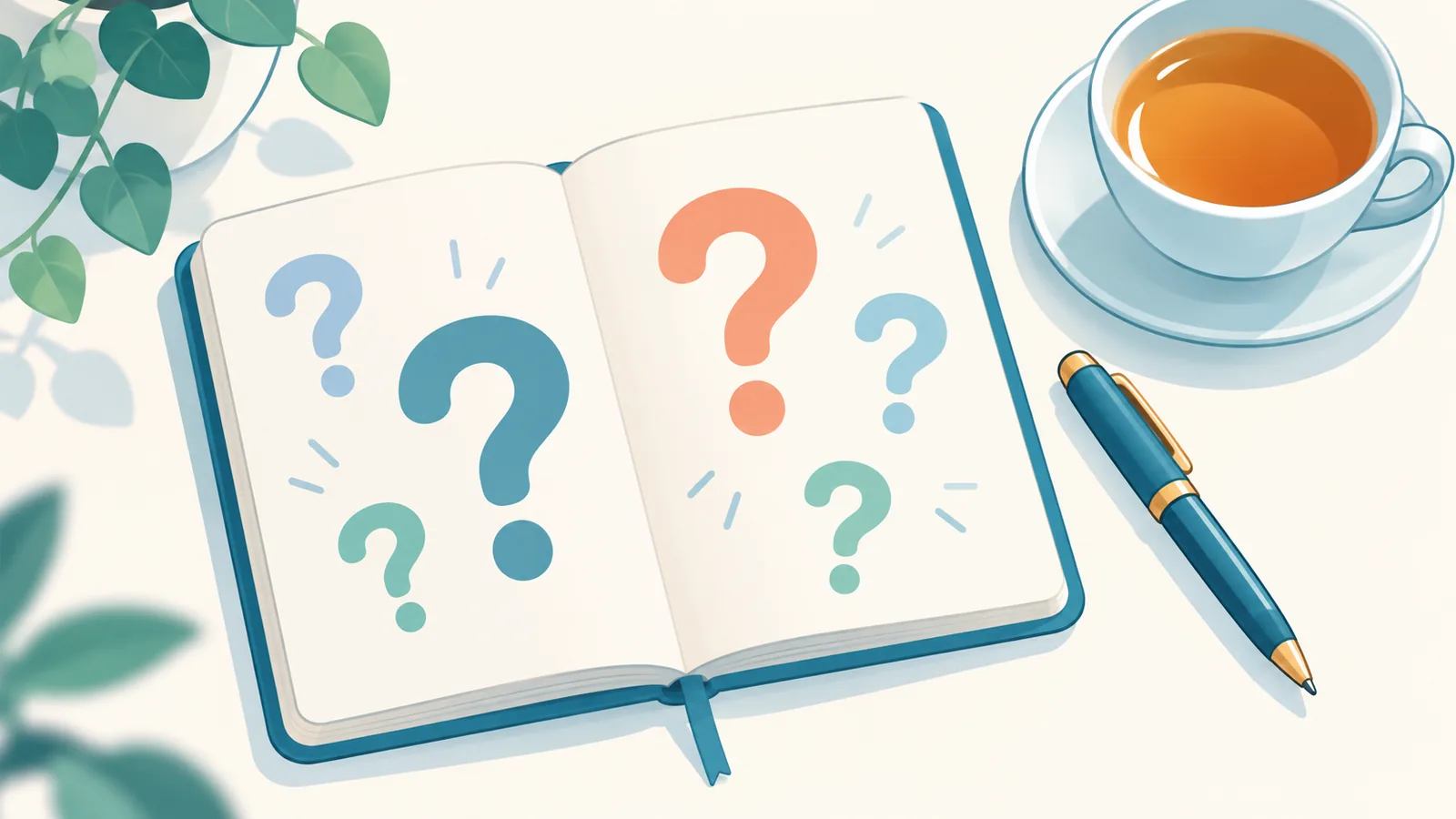 Quaderno con punti interrogativi accanto a una penna