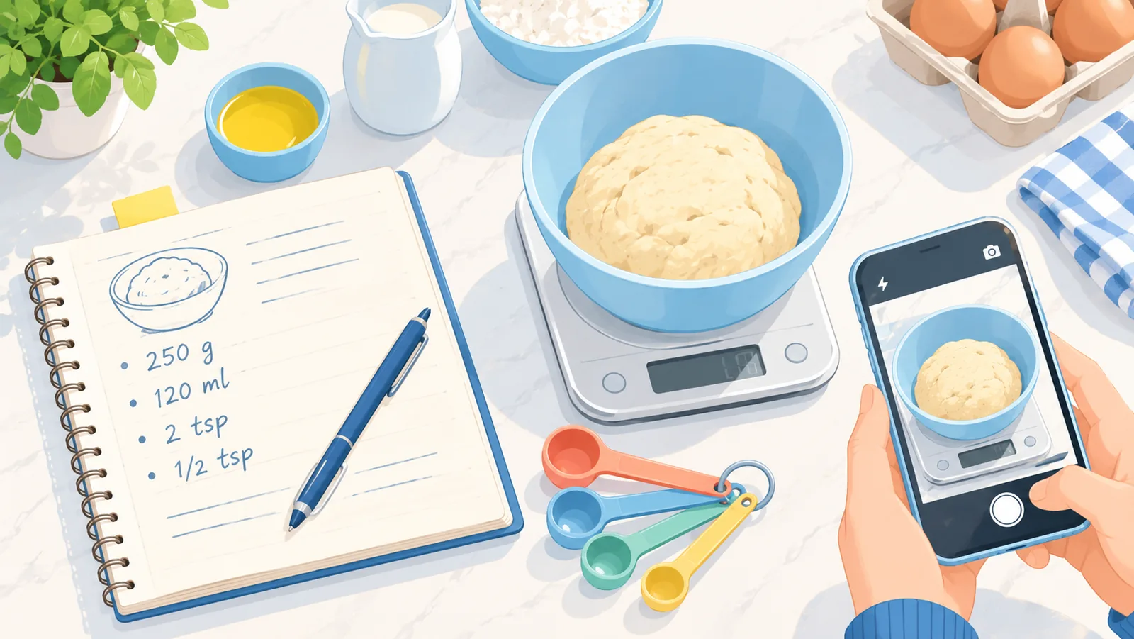 Quaderno di prova con bilancia da cucina e foto del processo