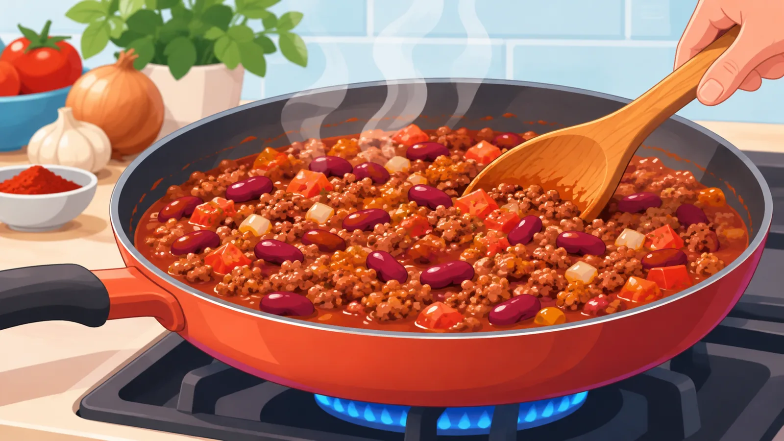 Chili con carne macinata che cuoce in una padella