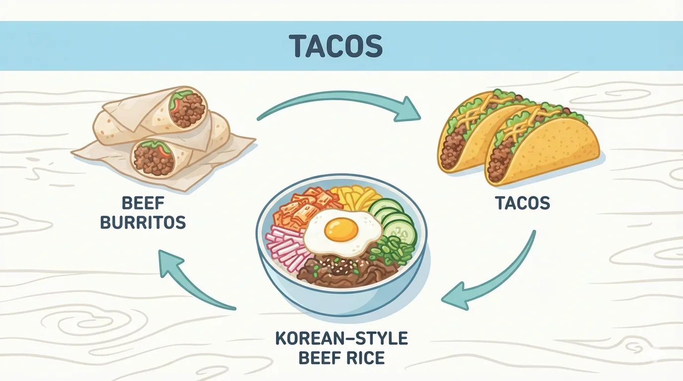 Burritos, tacos e ciotola di manzo in stile coreano