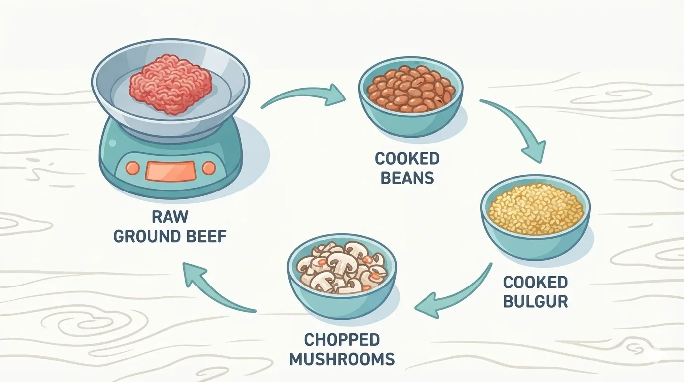 Porzione di carne macinata con legumi, cereali e funghi tritati