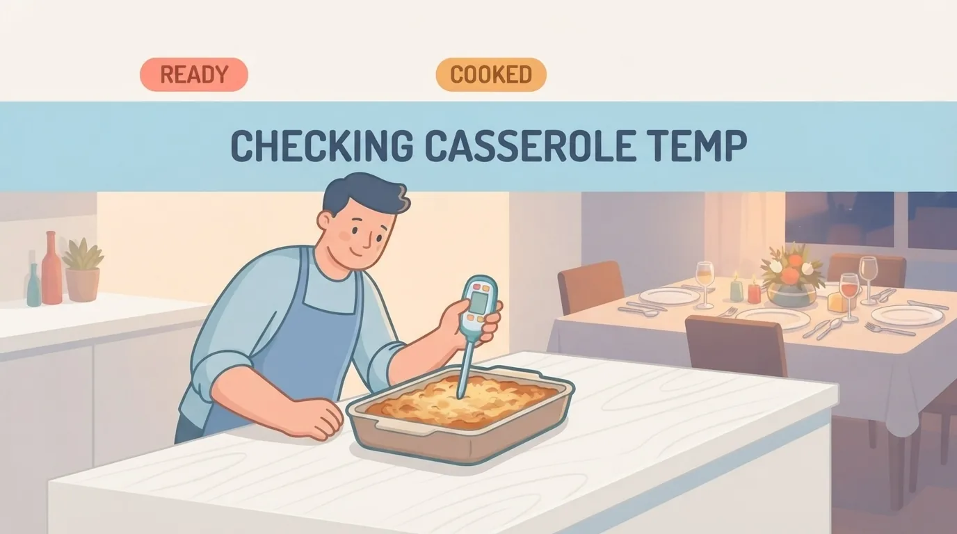 Cuoco che controlla la temperatura di un pasticcio al forno