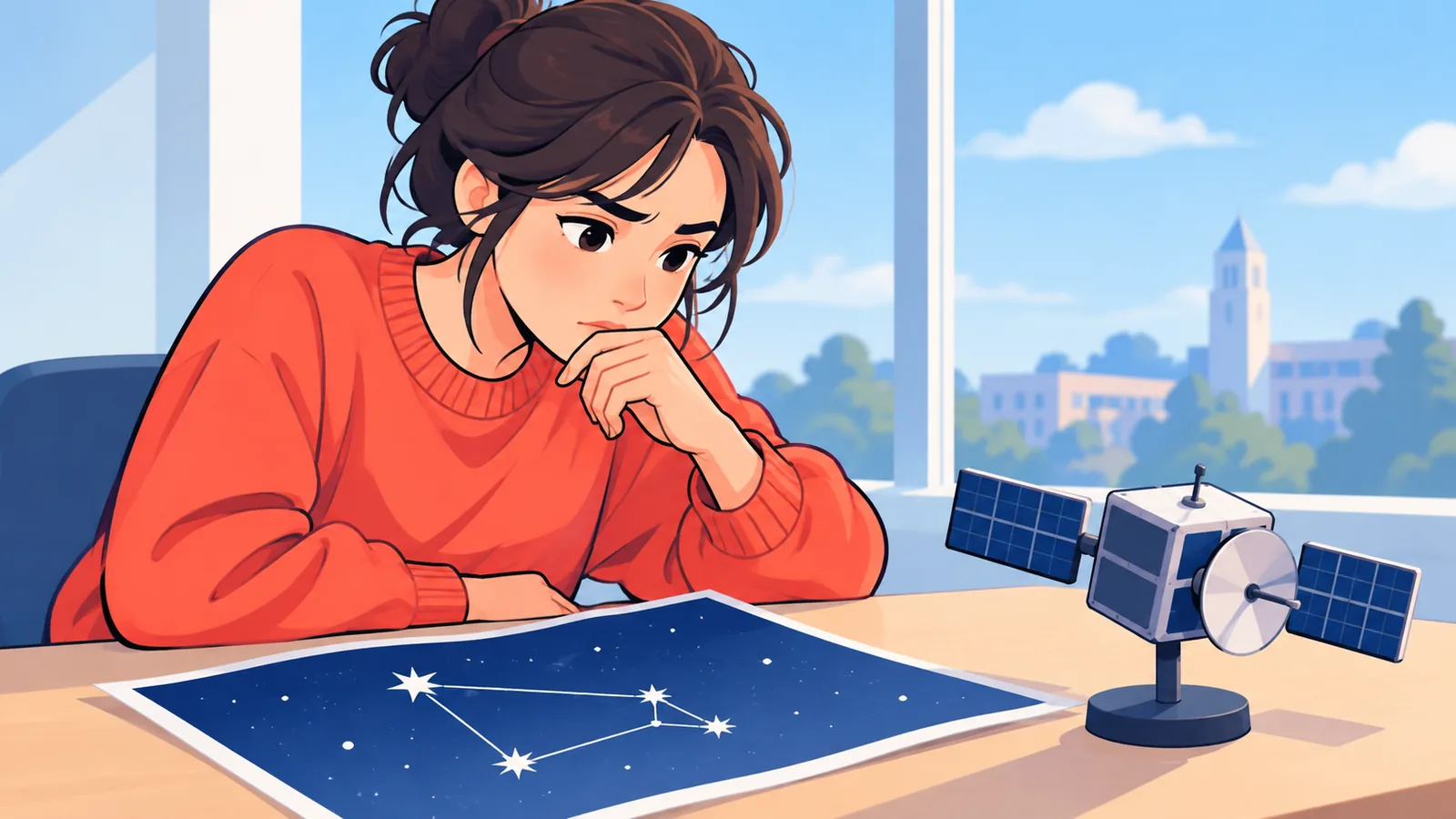Studente con una carta stellare e un modellino di satellite