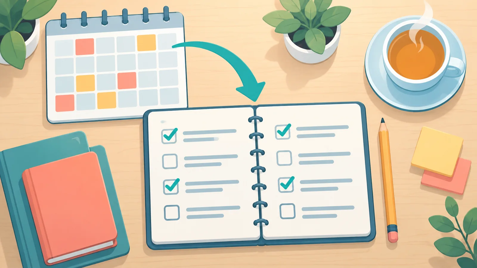 Piano di studio con lista di controllo e calendario