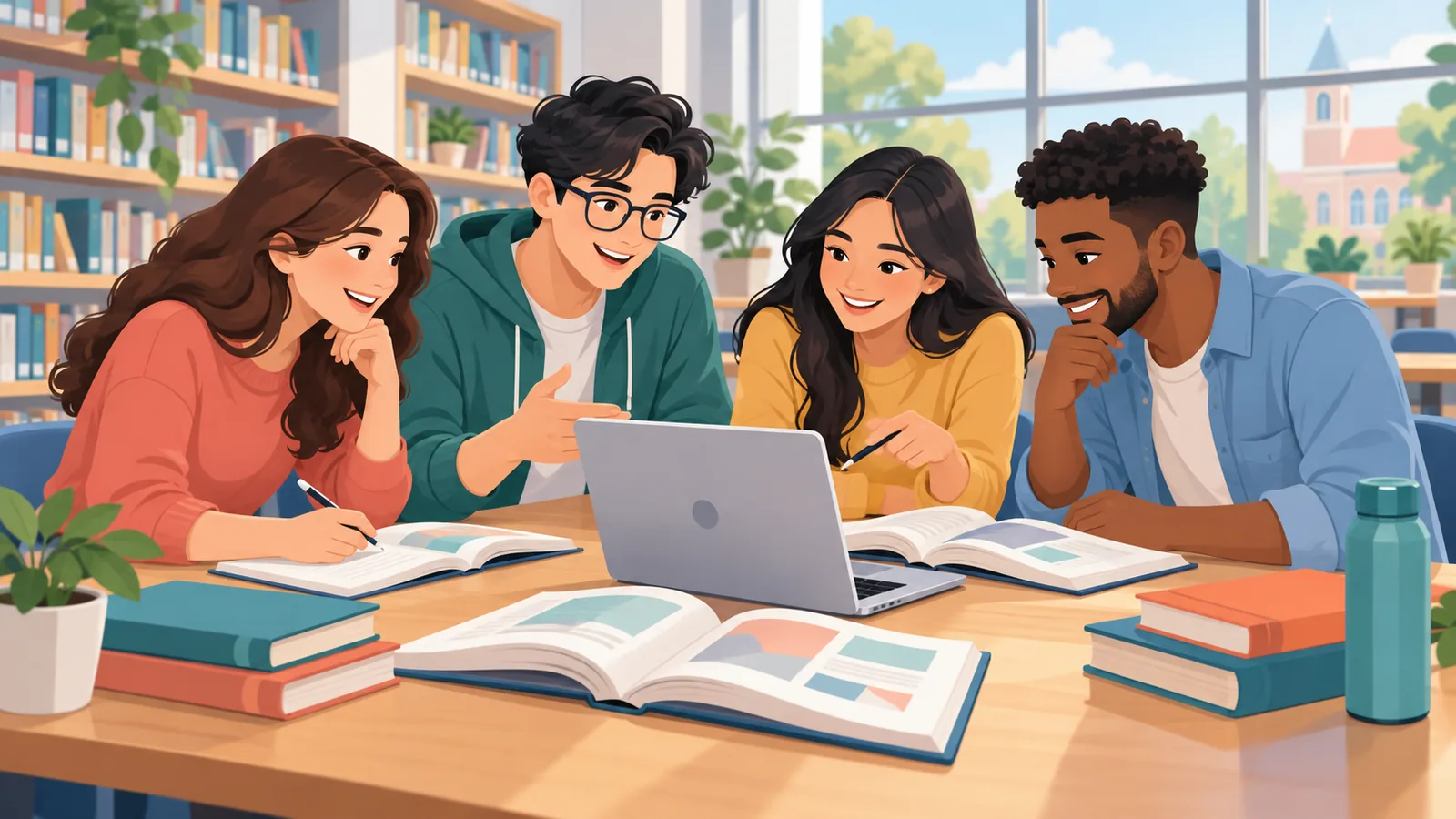 Studenti che discutono in biblioteca attorno a un portatile