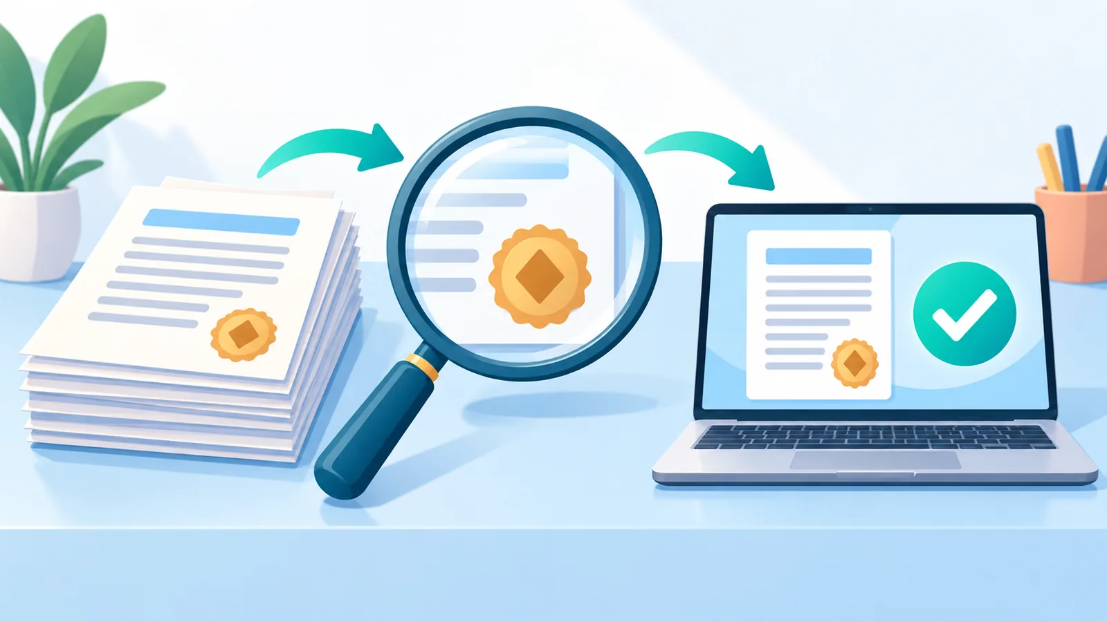 Documenti ufficiali e lente d’ingrandimento per verificare le fonti