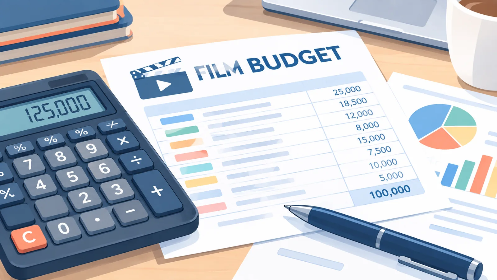 Calcolatrice e documenti di budget di un film sulla scrivania