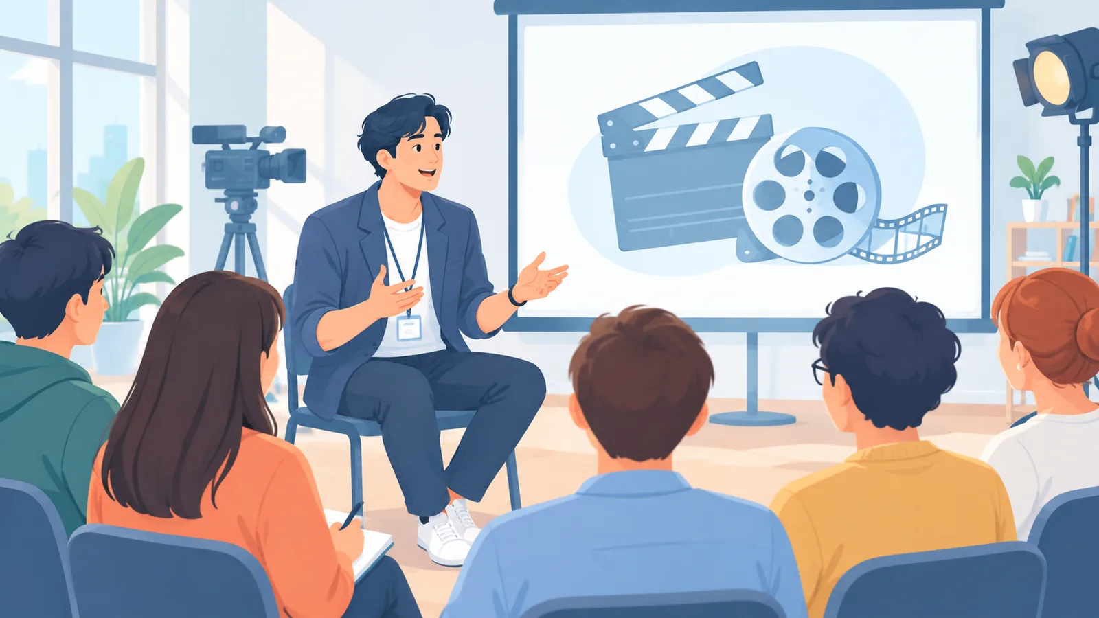 Professionista del cinema che risponde alle domande durante un incontro