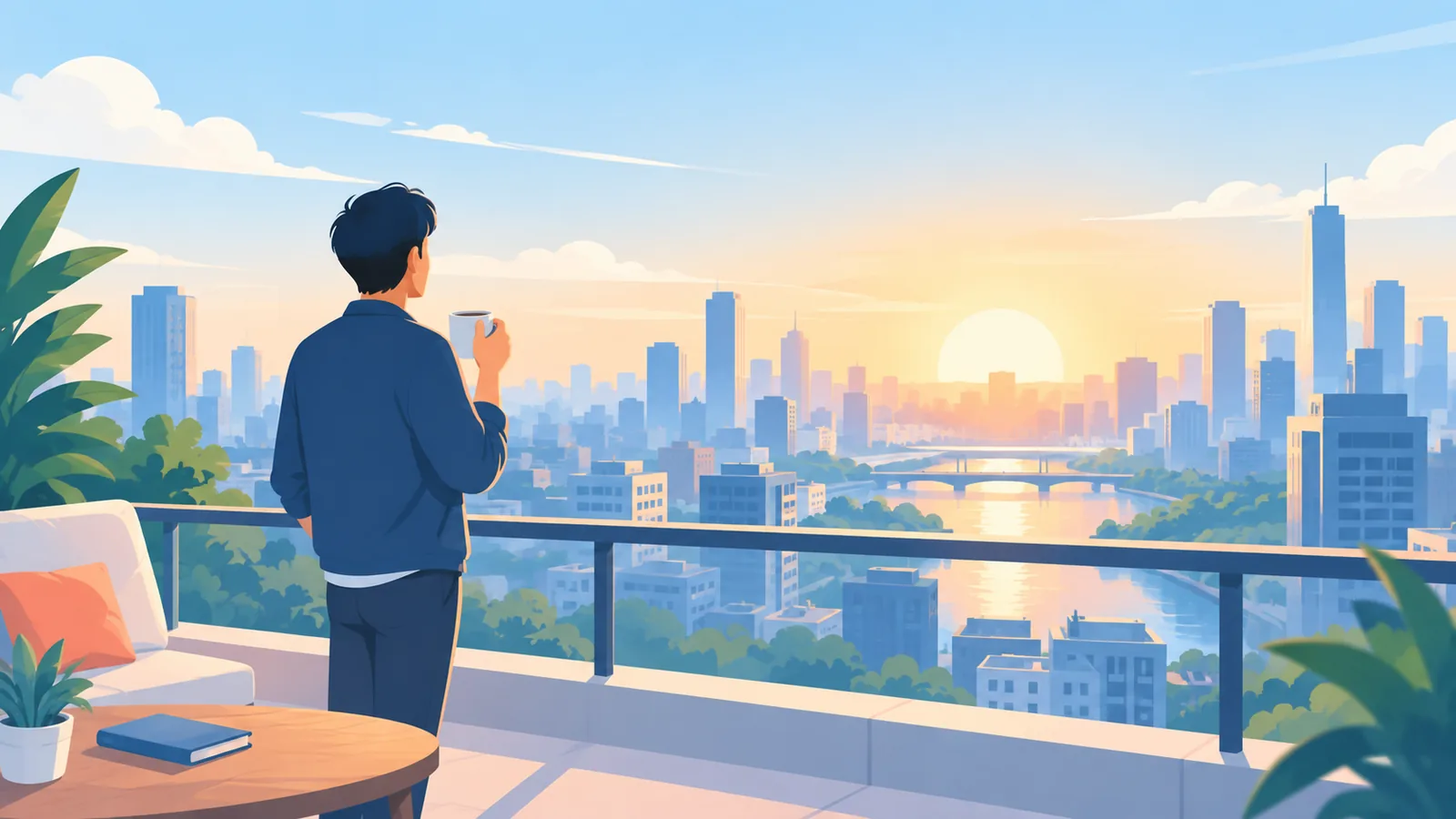 Persona su una terrazza all'alba con la città sullo sfondo