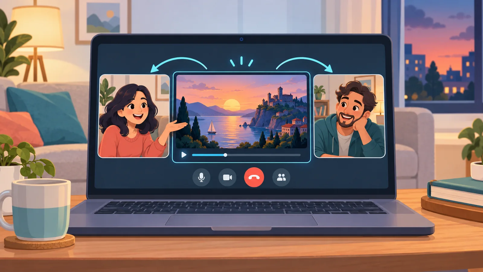 Due amici in una videochiamata privata con un film condiviso
