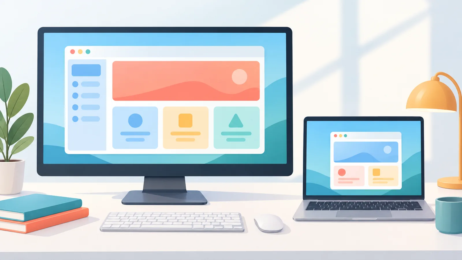 Monitor e laptop con finestre di dimensioni diverse a confronto