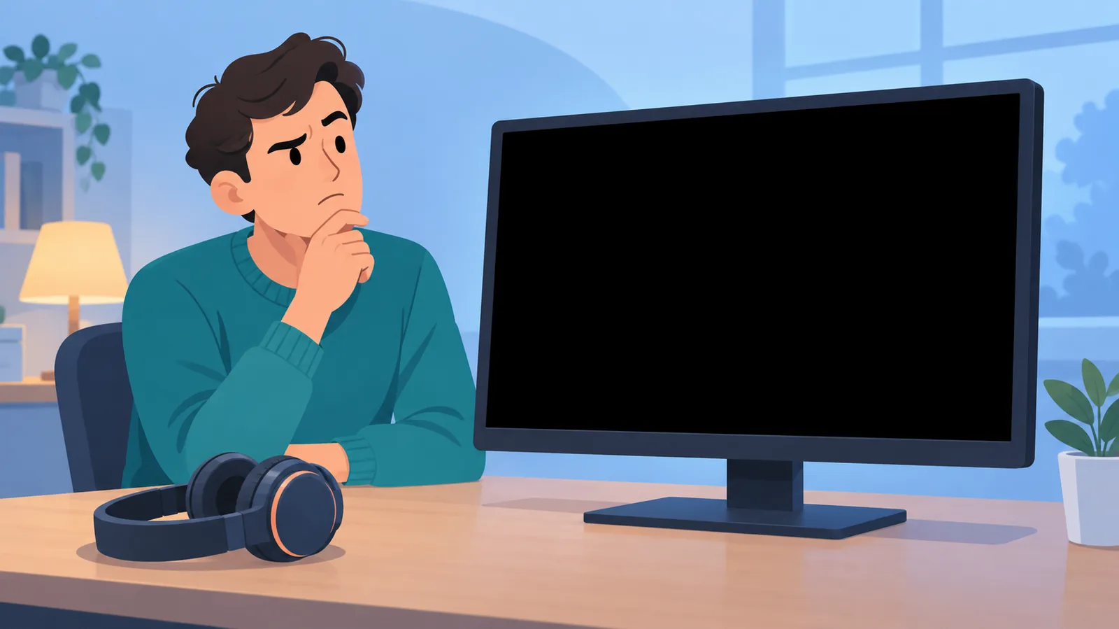 Monitor con area video nera e persona perplessa