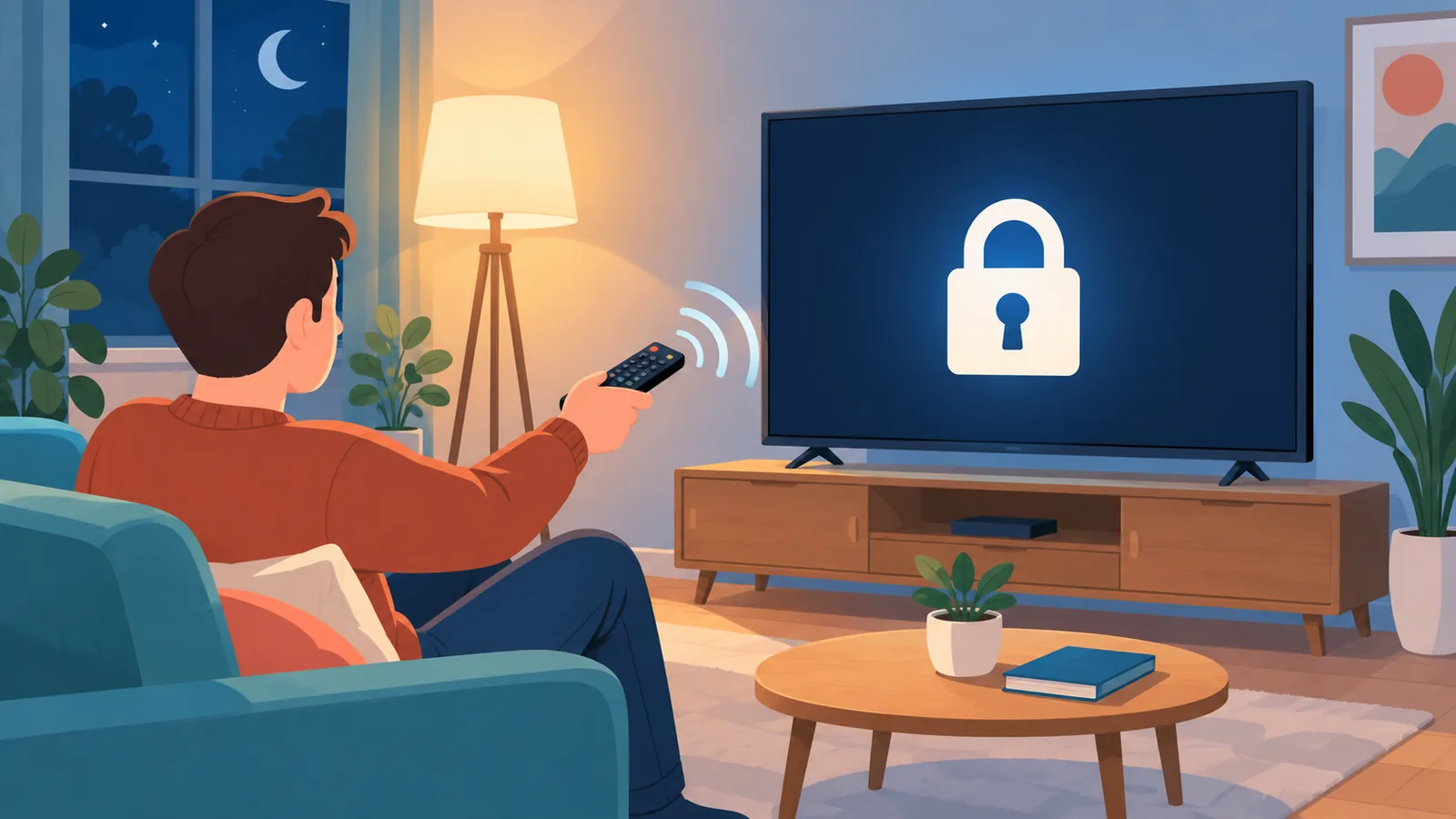 Televisore con lucchetto sullo schermo scuro, simbolo di contenuto protetto