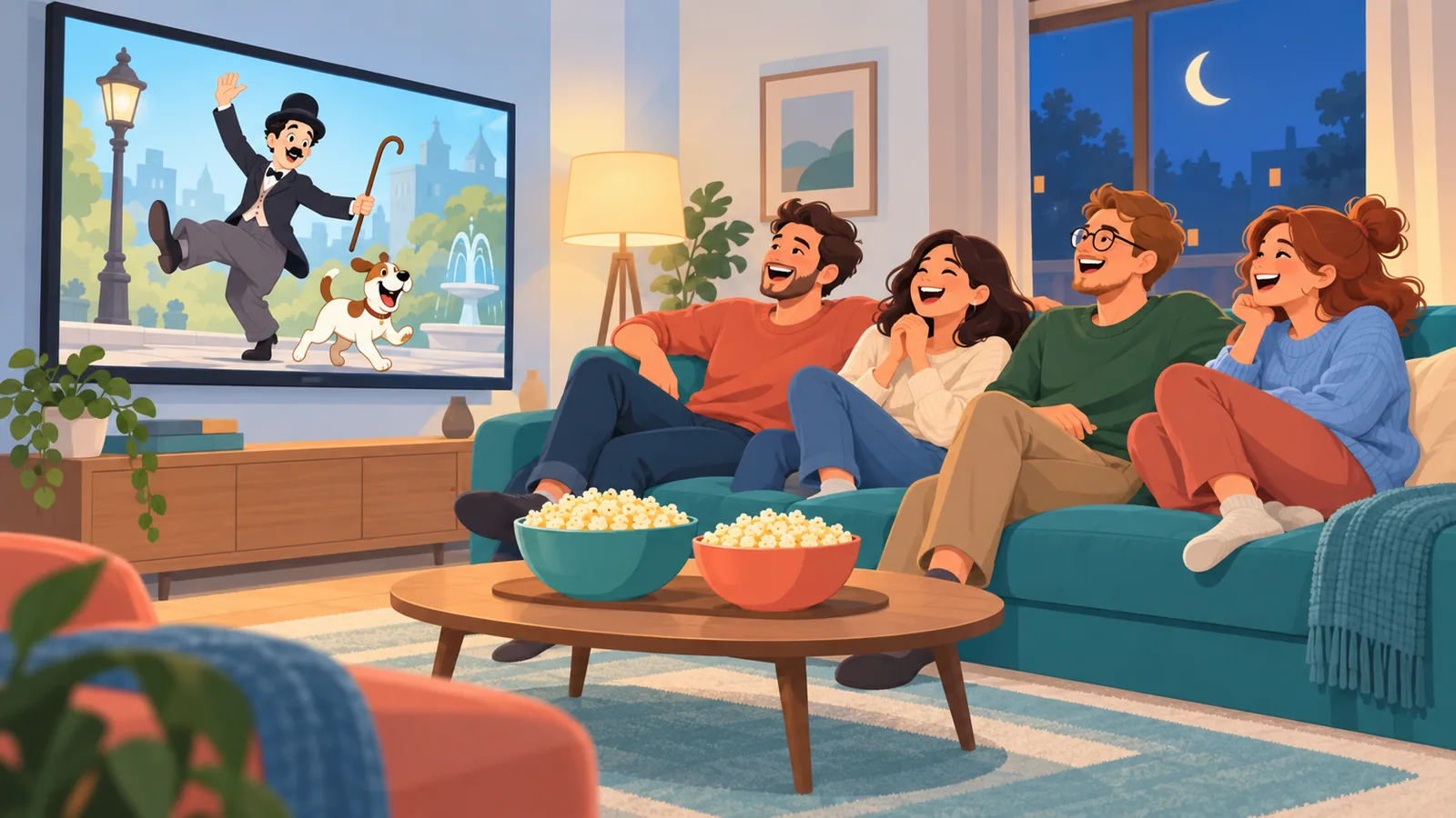 Amici sul divano durante una serata film con popcorn