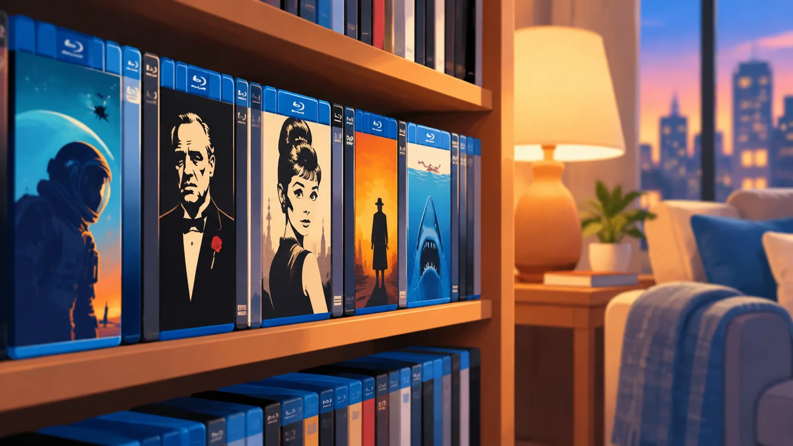Scaffale di casa con una collezione ordinata di film in edizione fisica