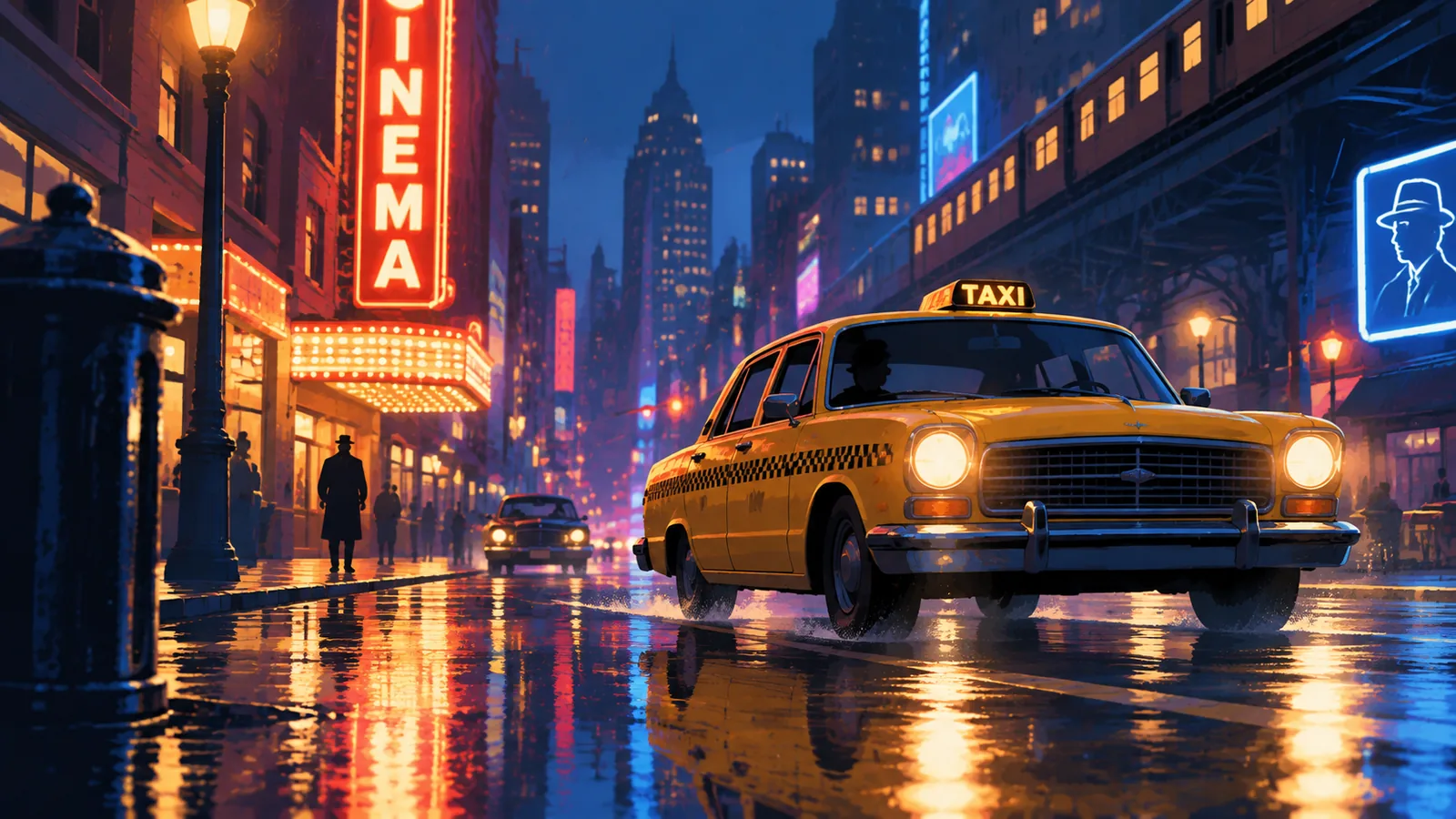 Strada di città di notte con insegne luminose, atmosfera da cinema anni Settanta