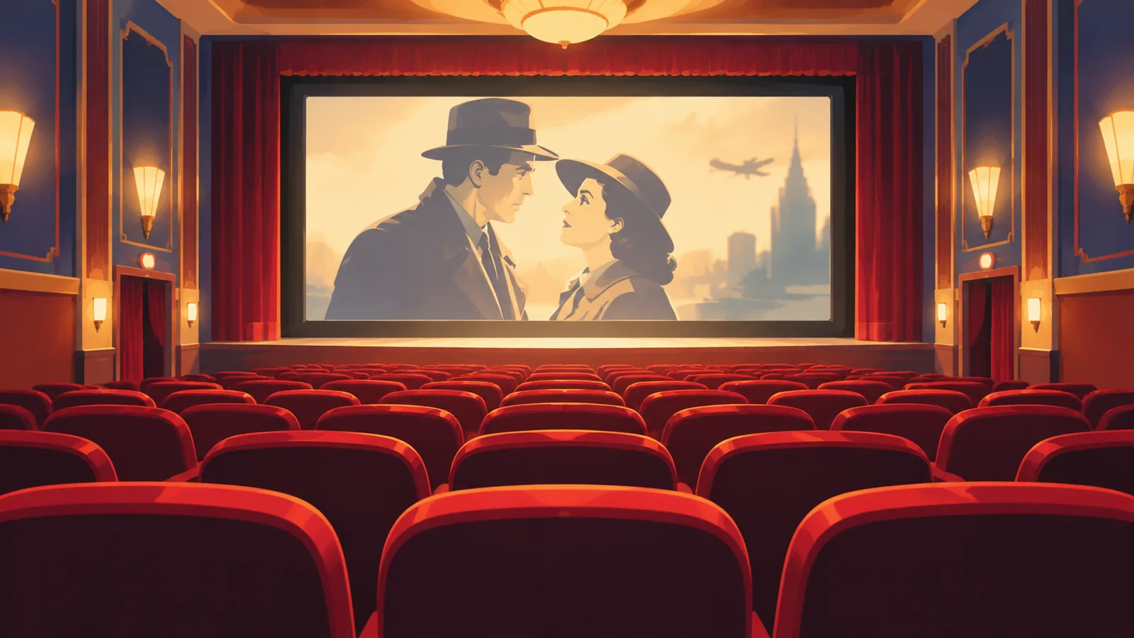 Sala cinematografica con poltrone rosse vuote e luce calda dello schermo