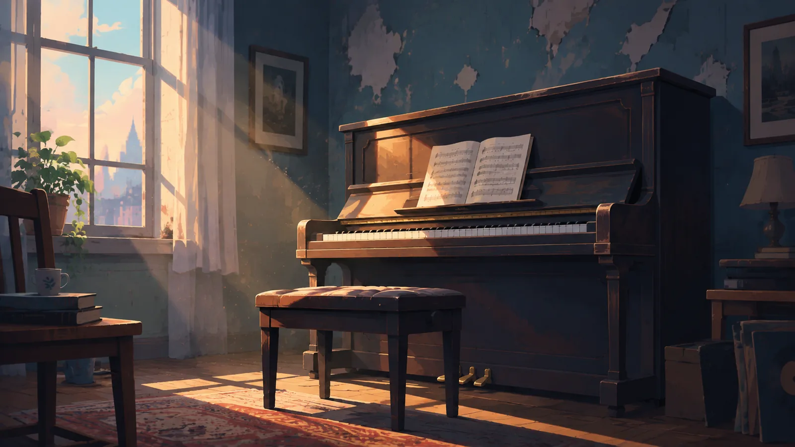 Pianoforte in una stanza silenziosa illuminata da luce naturale