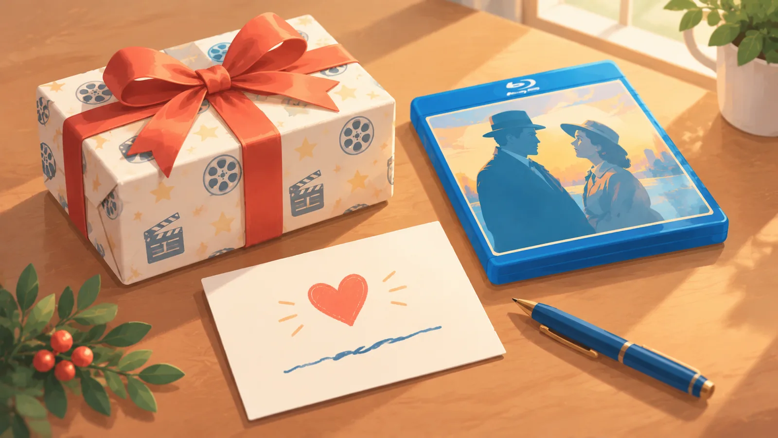 Confezione regalo con un film accanto a un biglietto scritto a mano