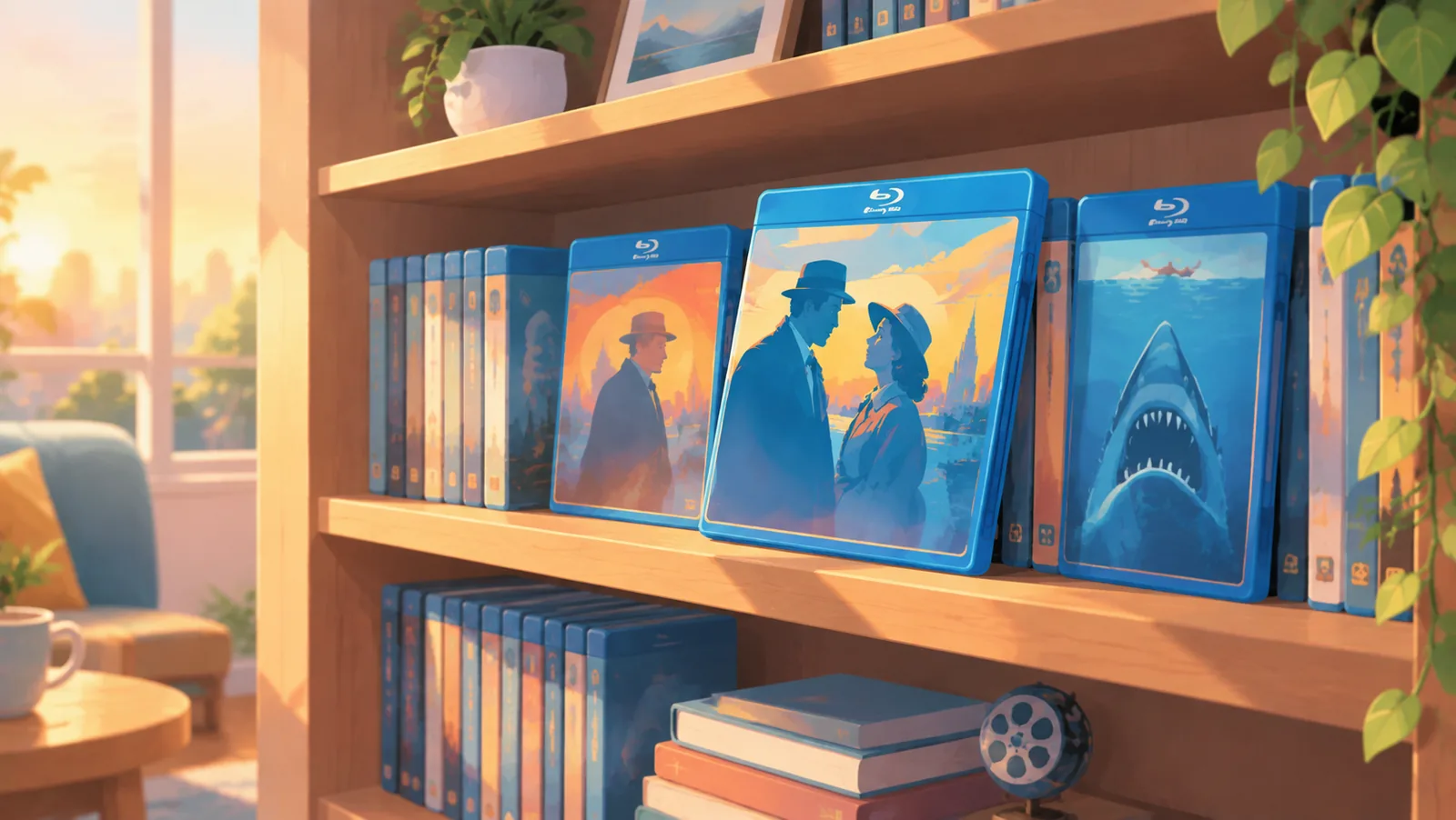 Collezione di film completa su una libreria al tramonto