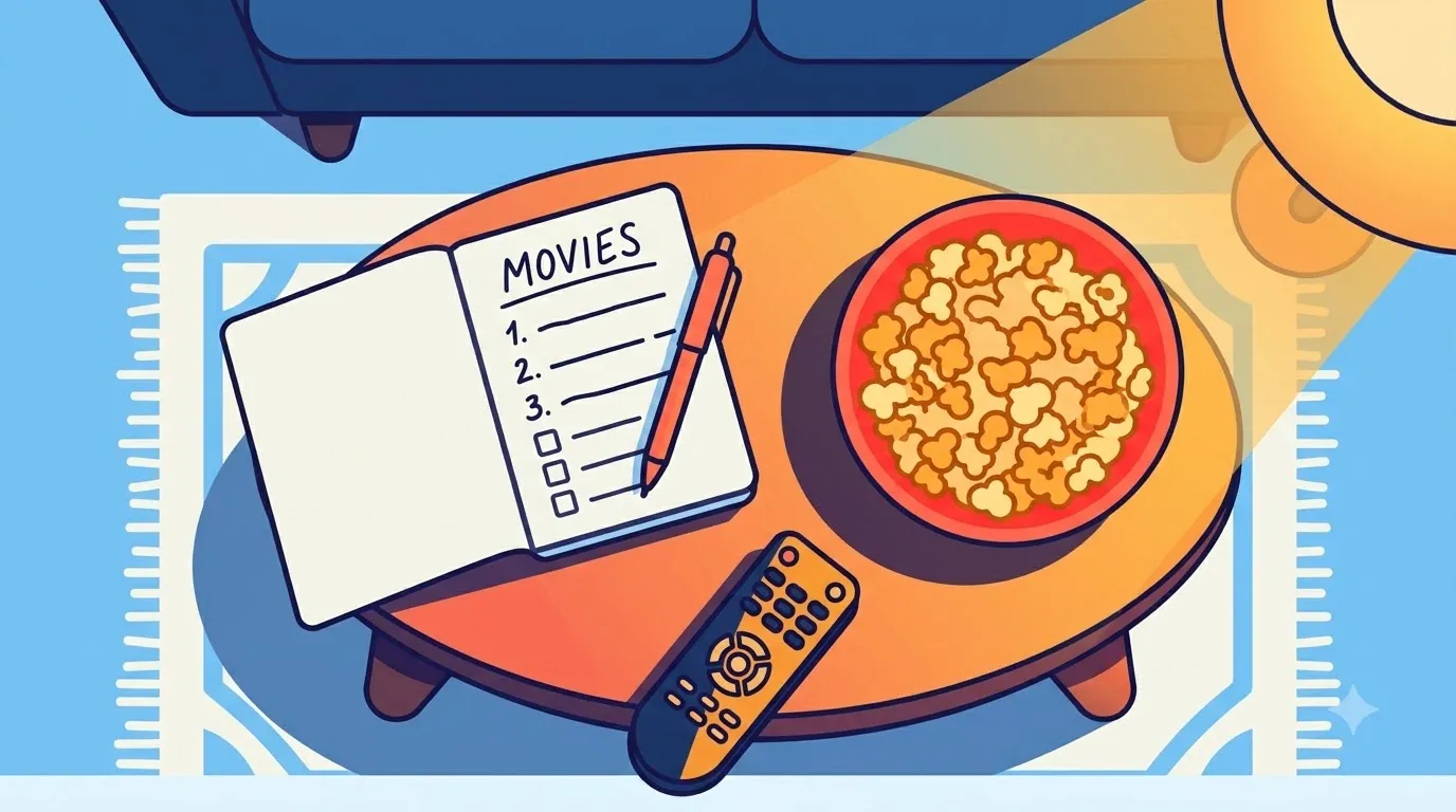 Tavolino con quaderno, popcorn e telecomando per scegliere un film