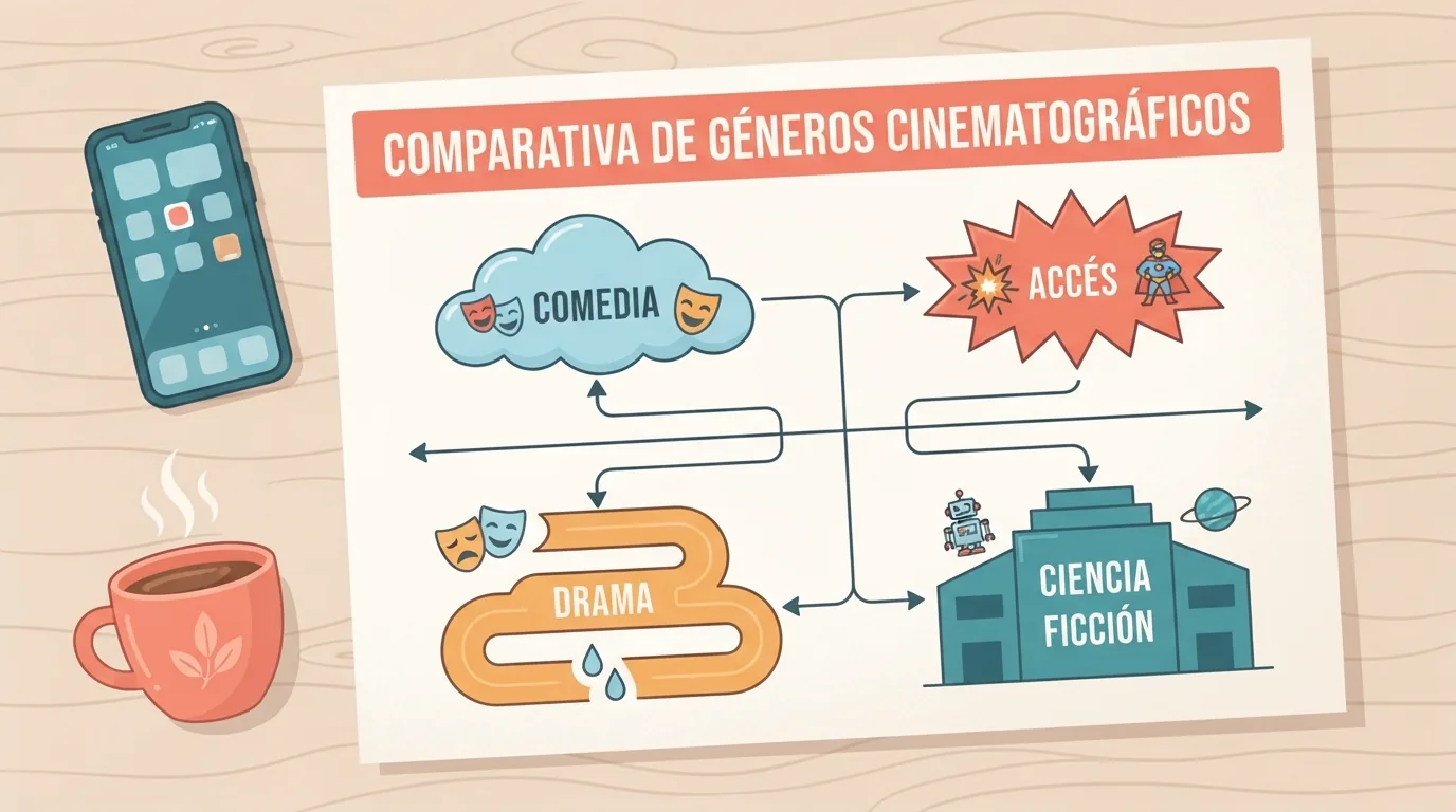 Tabella di confronto dei film accanto a smartphone e caffè
