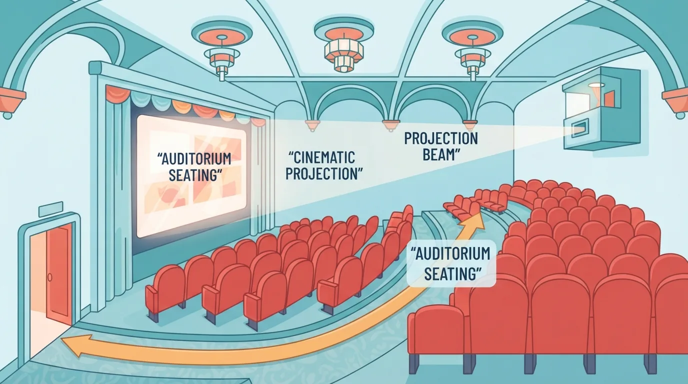 Sala cinematografica con poltrone rosse davanti allo schermo