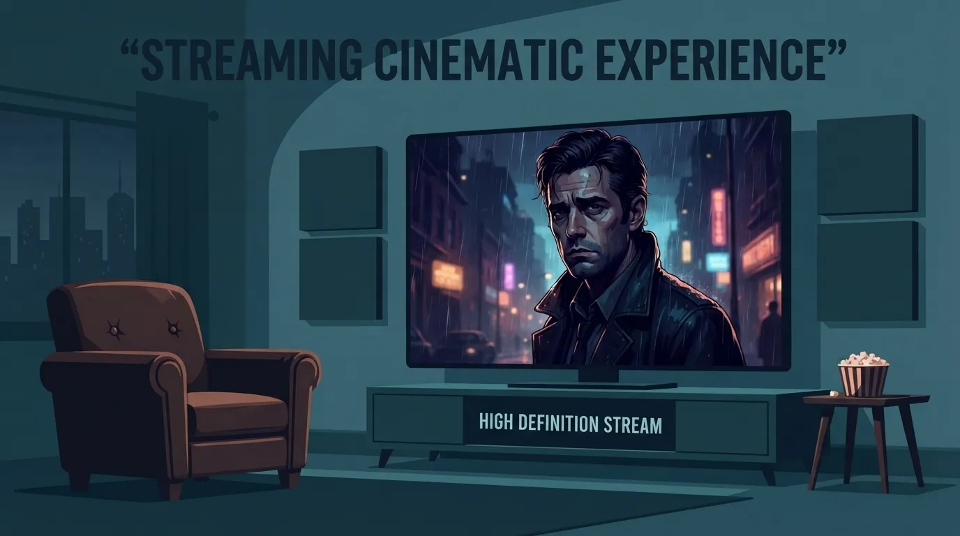 Angolo home cinema con poltrona e TV che mostra un dramma dai toni scuri