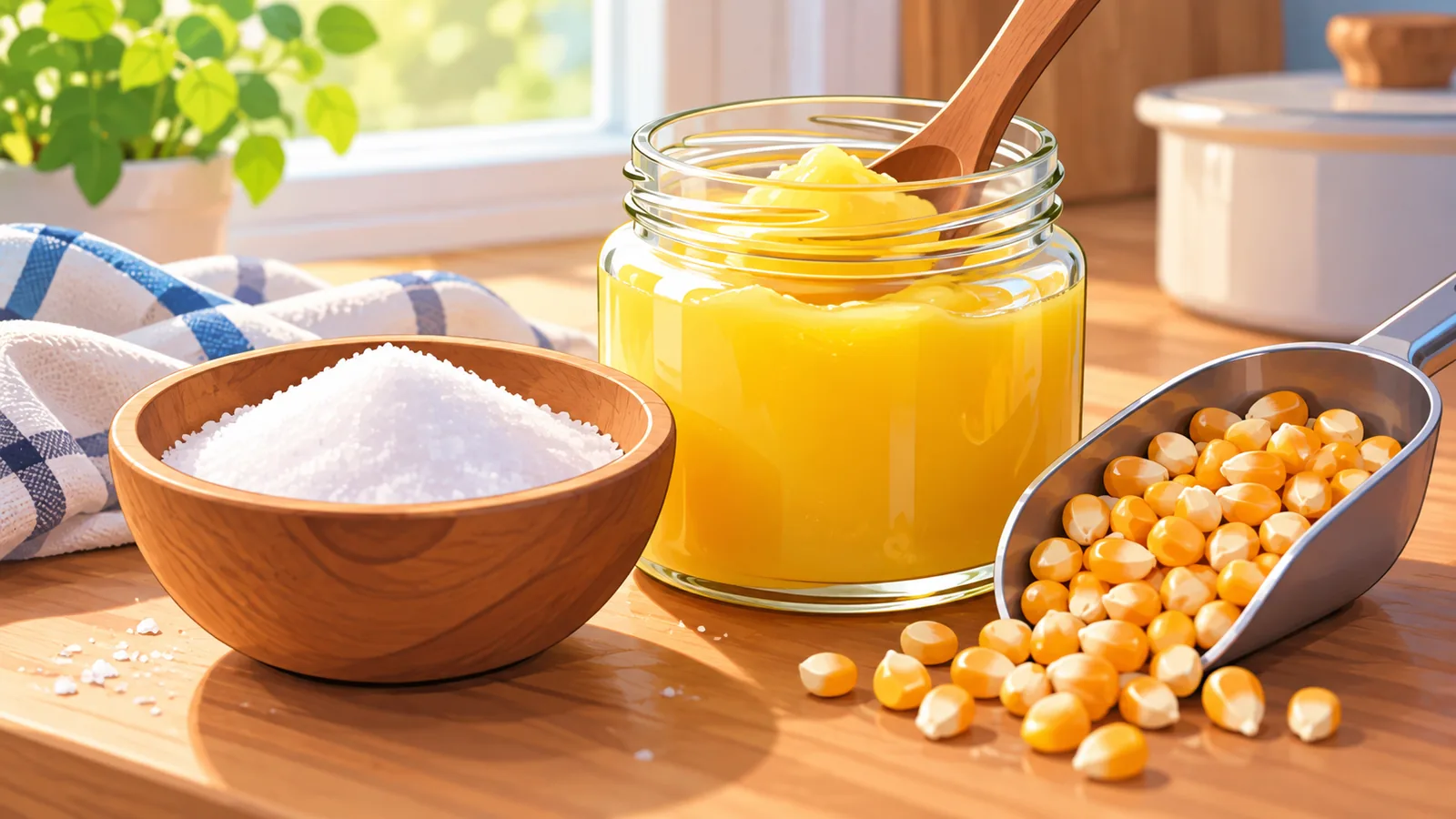 Sale fine, ghee e chicchi di mais su un piano da cucina in legno
