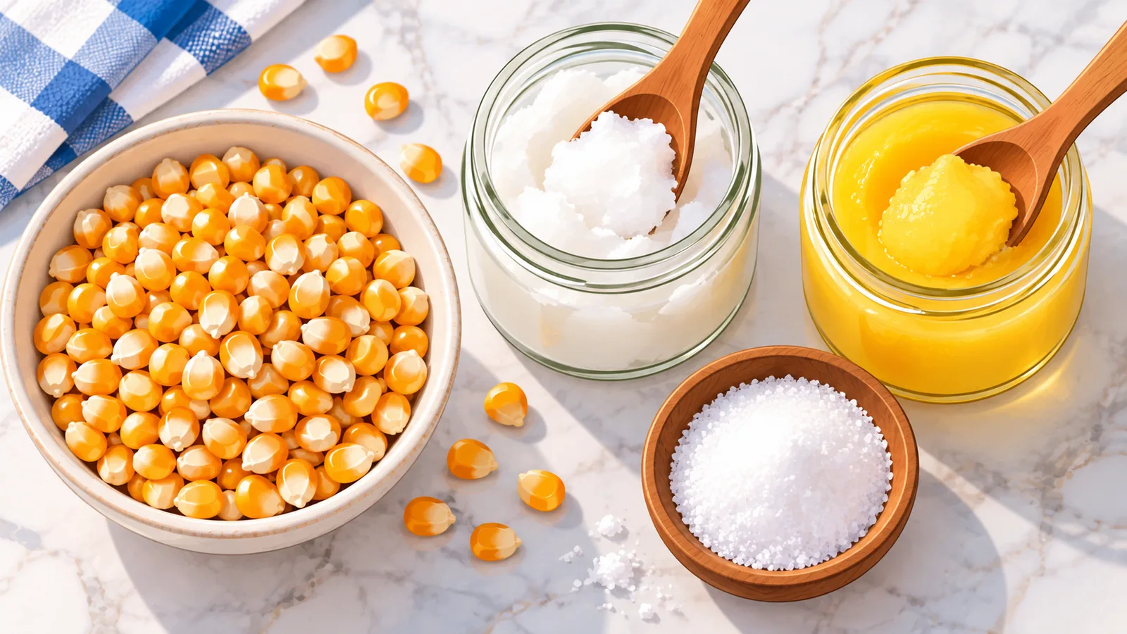 Ingredienti per il popcorn: chicchi, olio di cocco, ghee e sale fine