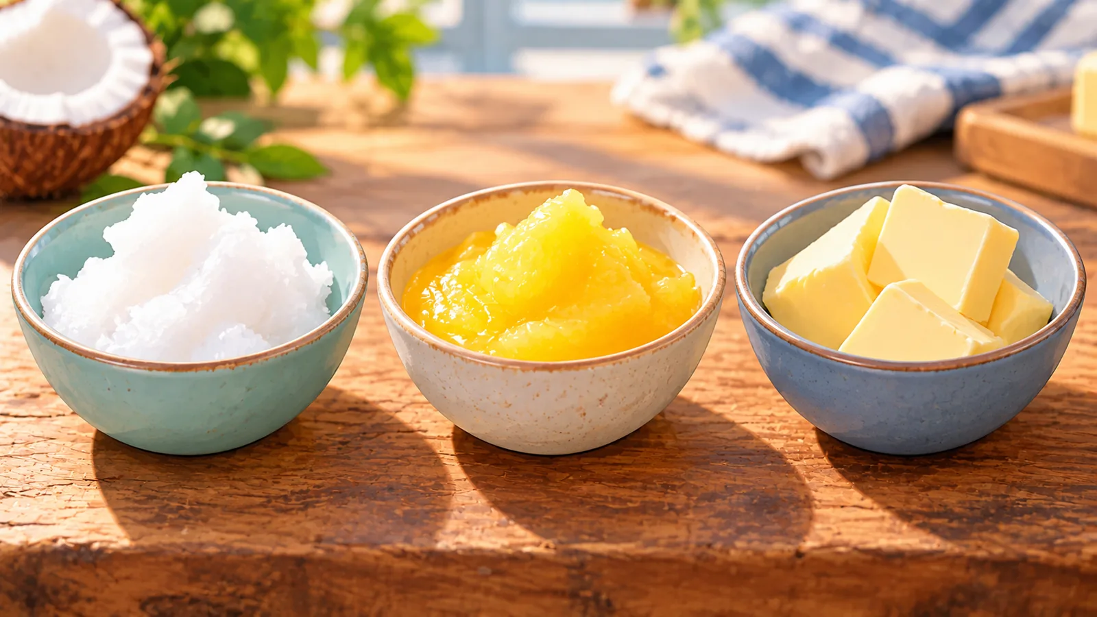 Olio di cocco, ghee e burro normale a confronto in tre ciotole