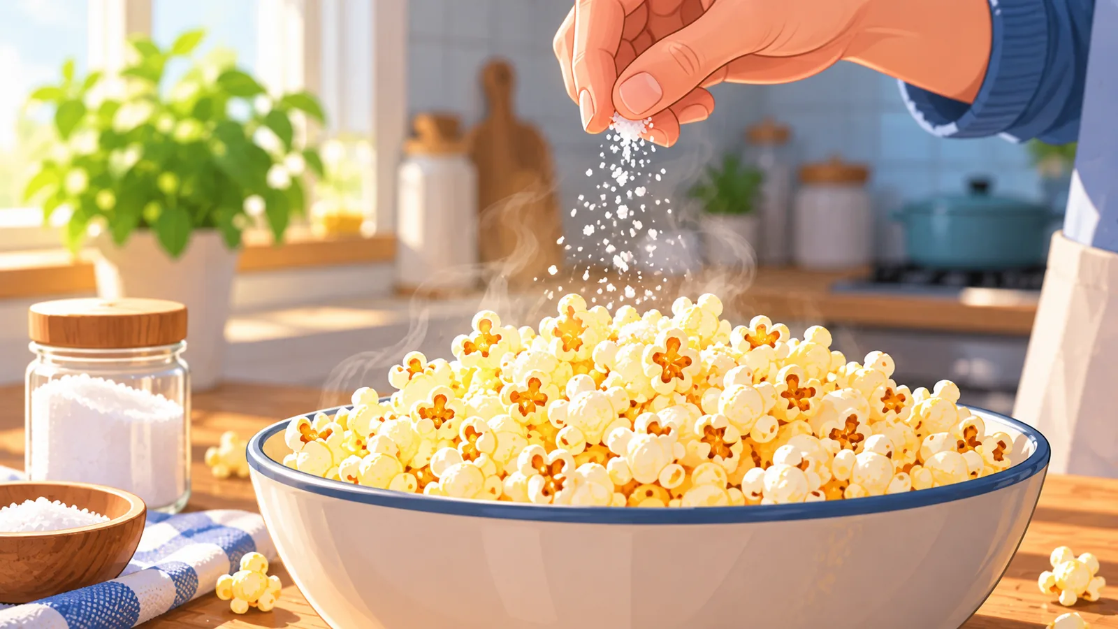Mano che sparge sale fine su popcorn appena fatto