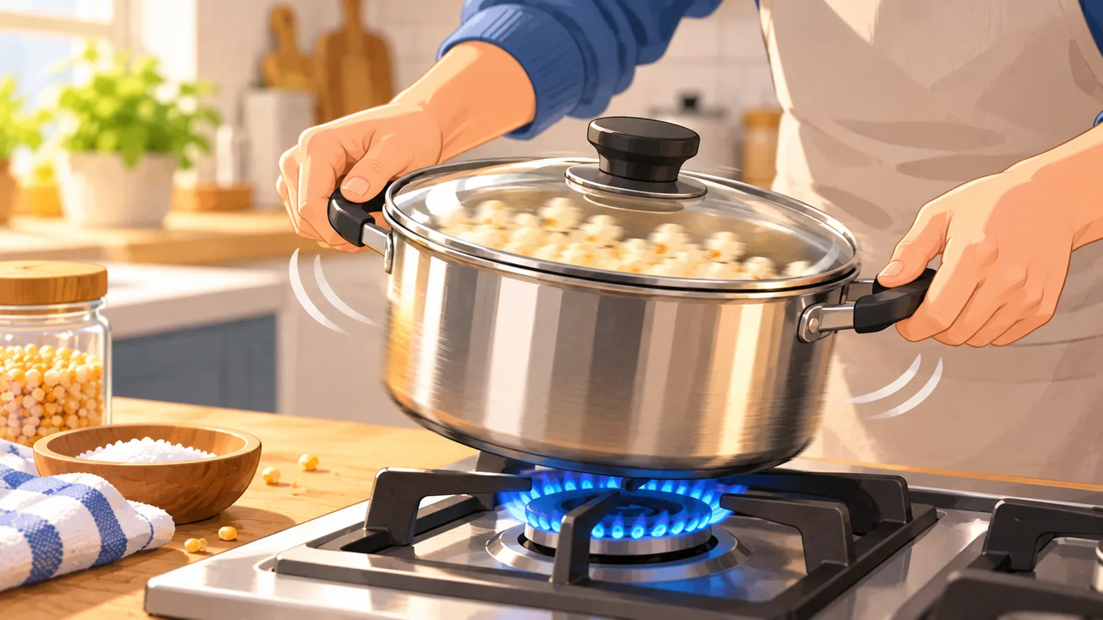 Pentola con coperchio sul fornello mentre si scuote per fare il popcorn