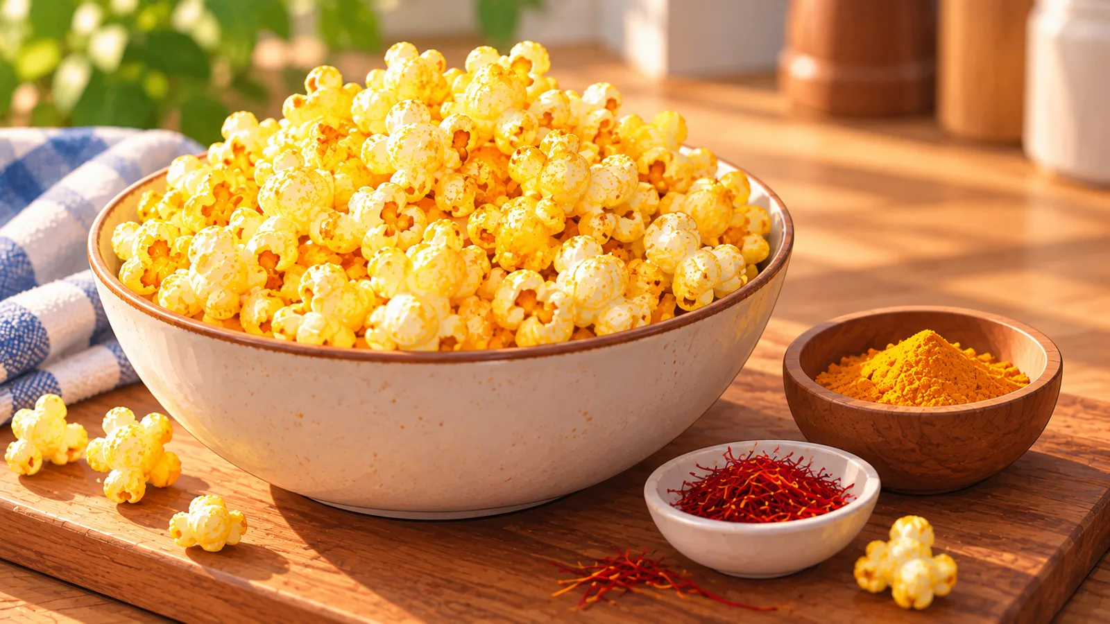 Popcorn dorato con curcuma e zafferano accanto
