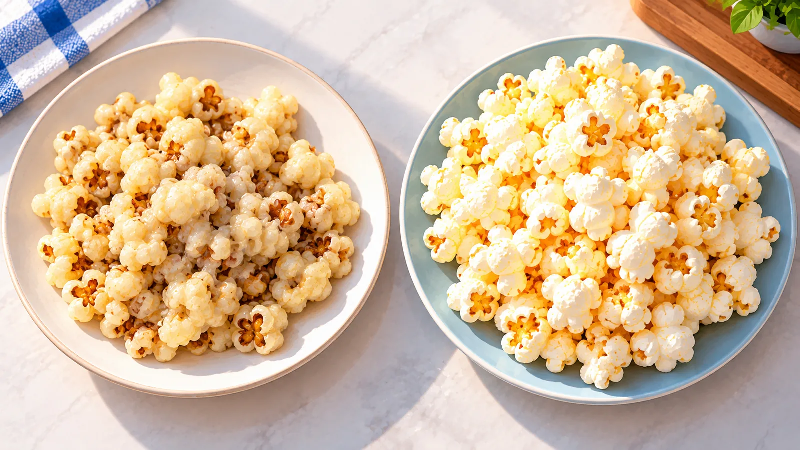 Popcorn molliccio e popcorn croccante a confronto su due piatti