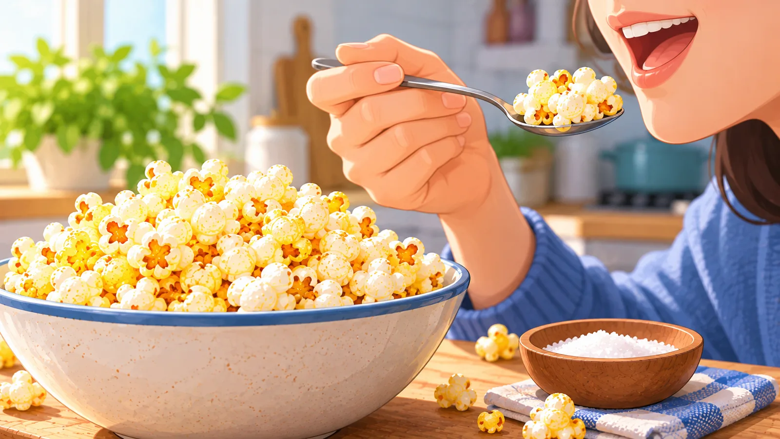 Assaggio del popcorn per regolare il sale