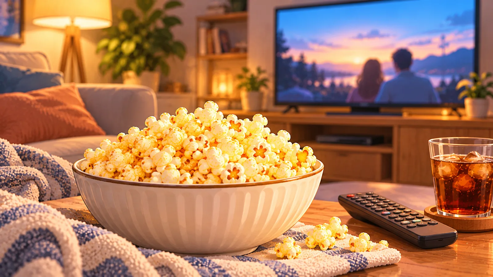 Ciotola di popcorn fatto in casa davanti alla televisione