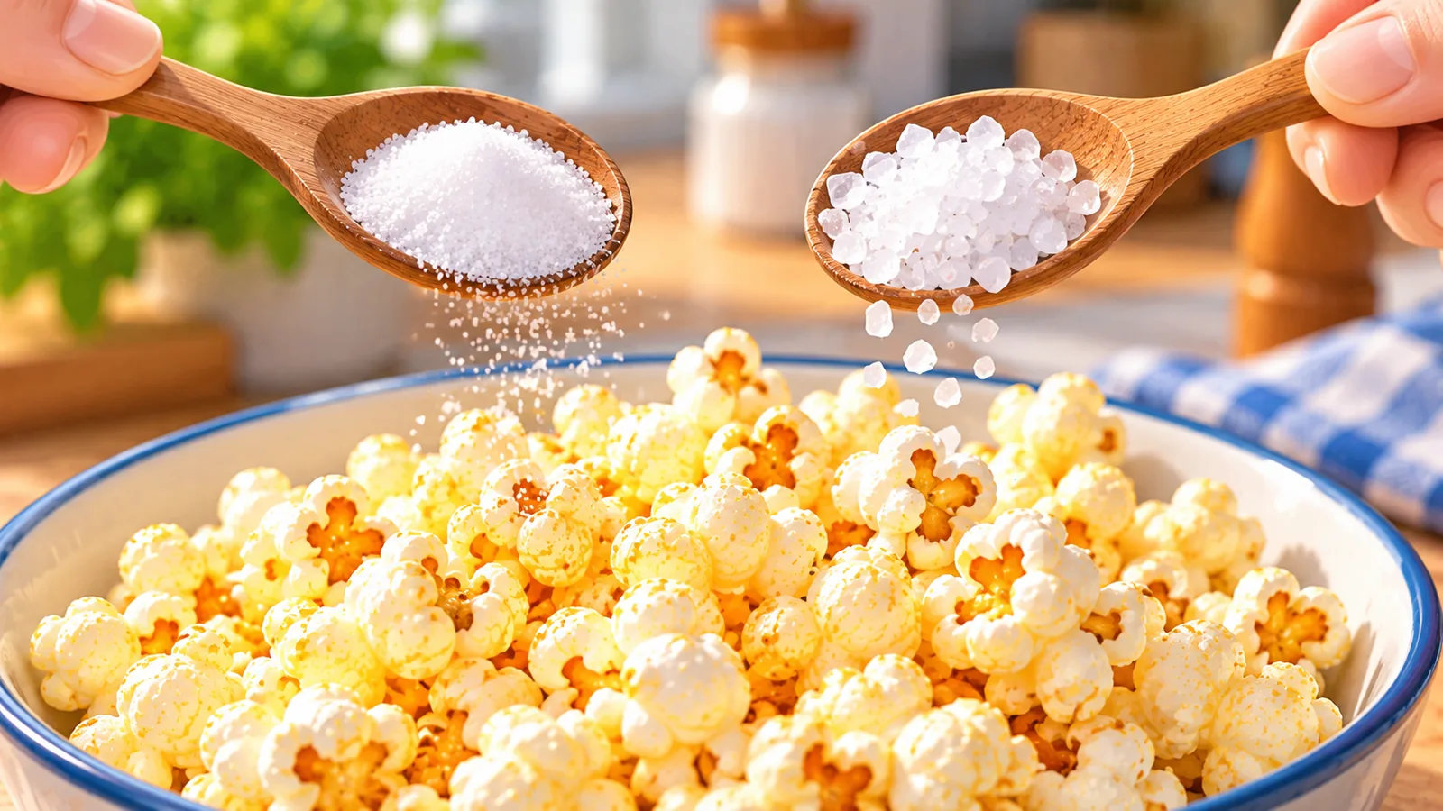 Sale fine e sale grosso a confronto sopra una ciotola di popcorn