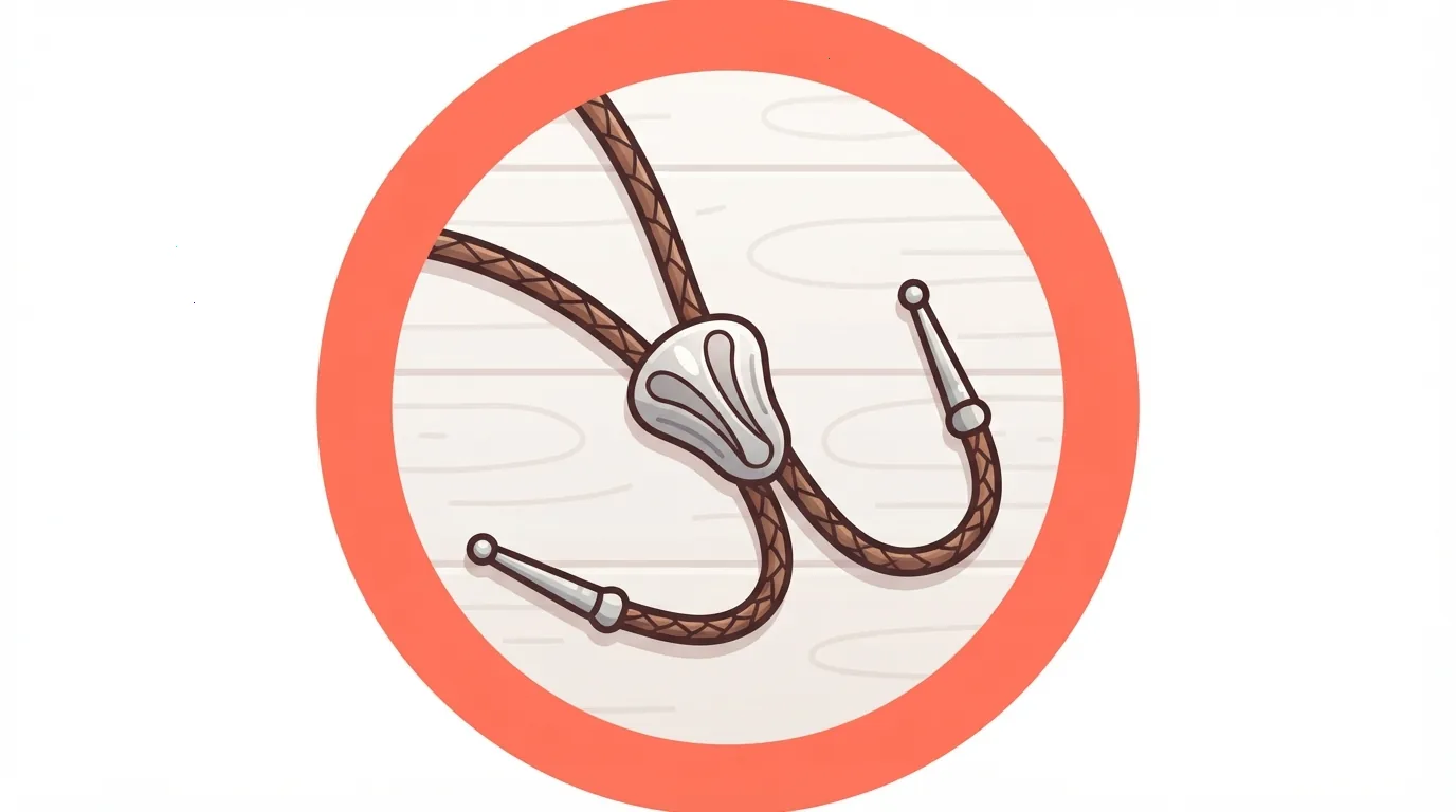 Bolo tie con cordoncino in cuoio, fermaglio decorativo e puntali metallici su un tavolo in legno