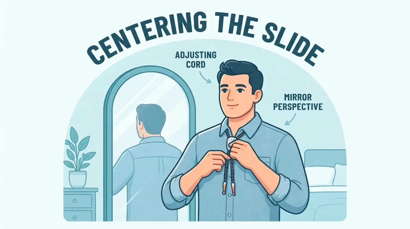 Uomo che sistema il cordoncino del bolo tie davanti allo specchio
