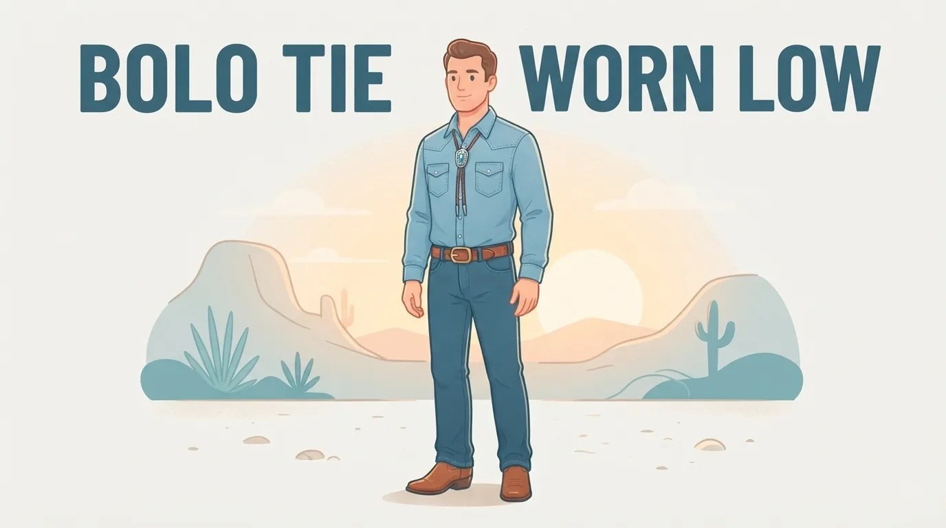 Look casual con camicia in denim, jeans, stivali e bolo tie